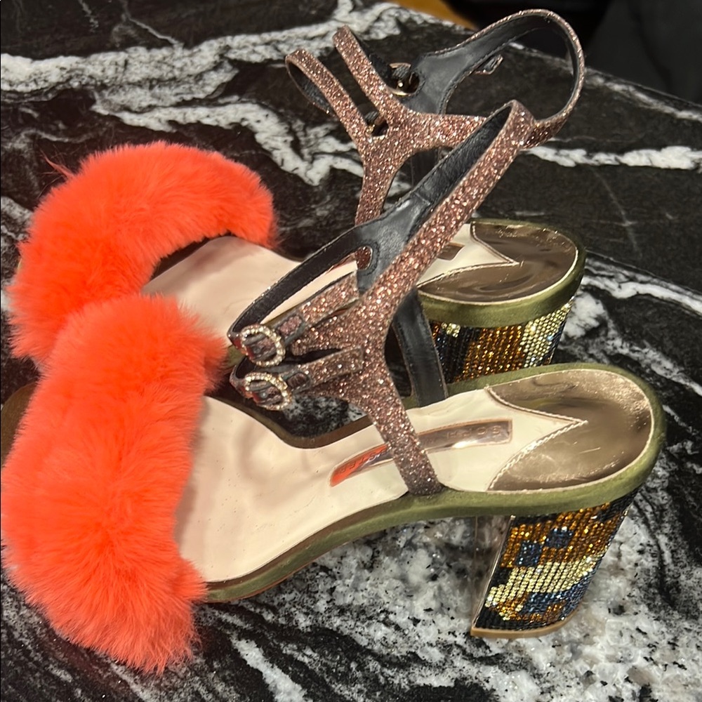 Sophia Webster Pink and Red Heels with Chunky Gold Heel and Fur Detail